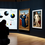 ** A modern museum gallery filled with visitors observing digital displays showing data visualizations related to art. Emphasize the blending of art and technology, with charts and graphs overlaid on famous paintings. Capture a sense of wonder and engagement.

**