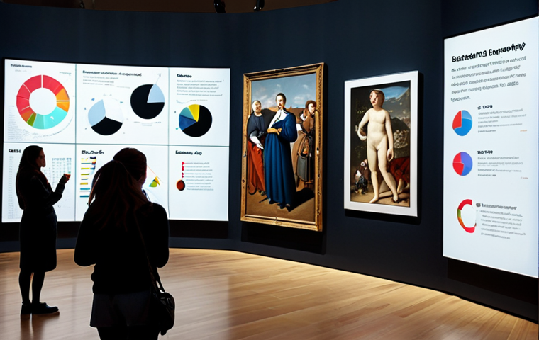 ** A modern museum gallery filled with visitors observing digital displays showing data visualizations related to art. Emphasize the blending of art and technology, with charts and graphs overlaid on famous paintings. Capture a sense of wonder and engagement.
**