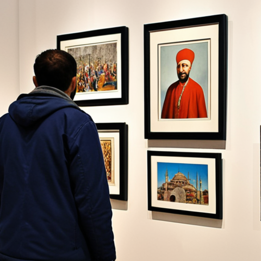 **A vibrant, bustling art gallery in Istanbul. Diverse paintings are displayed, with visitors admiring the artwork. A young artist stands proudly by their exhibit, symbolizing the importance of copyright protection for creators. The atmosphere is lively, showcasing the value and health of the Turkish art market.**