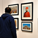 **A vibrant, bustling art gallery in Istanbul. Diverse paintings are displayed, with visitors admiring the artwork. A young artist stands proudly by their exhibit, symbolizing the importance of copyright protection for creators. The atmosphere is lively, showcasing the value and health of the Turkish art market.**