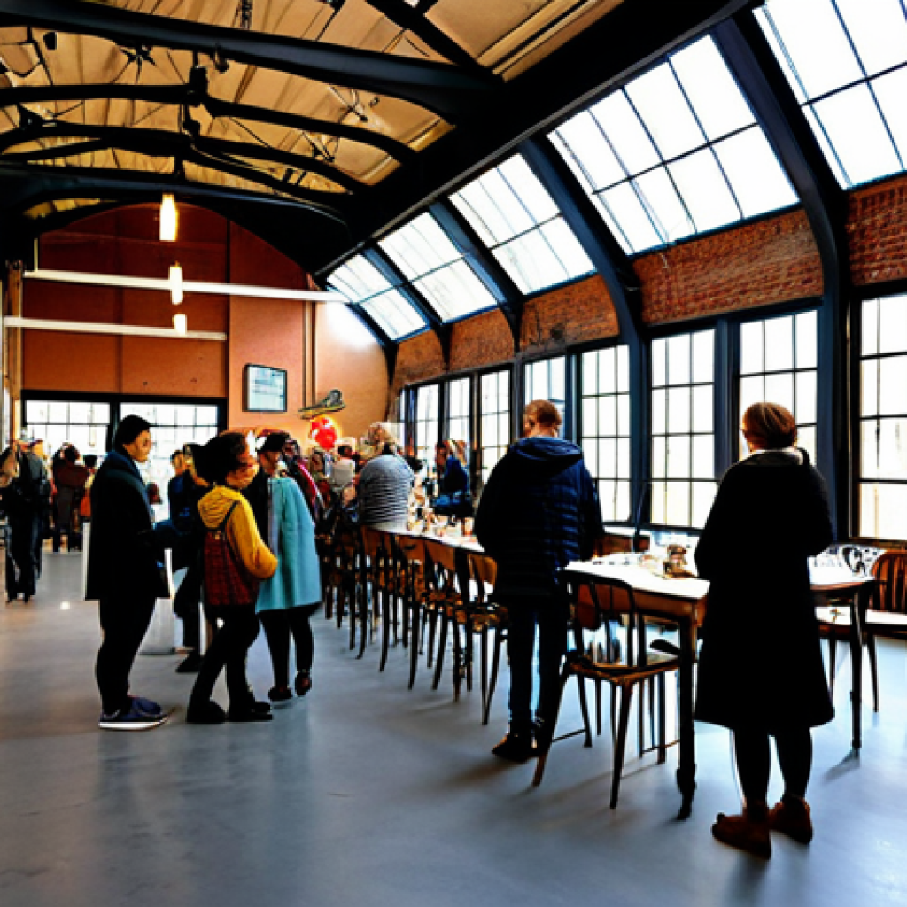 A vibrant scene inside a reimagined industrial building, now a bustling contemporary art center. A diverse group of adults, fully clothed in modern, professional, and modest attire, are engaged in lively discussions and interactions around various art installations. Sunlight streams through large, arched windows, illuminating a charming cafe area where people enjoy coffee and a small, curated boutique displaying local crafts. The atmosphere is dynamic and community-focused, symbolizing urban renewal and economic revitalization through art. safe for work, appropriate content, fully clothed, professional, perfect anatomy, correct proportions, natural pose, well-formed hands, proper finger count, professional photography, high quality, realistic.