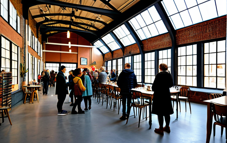 A vibrant scene inside a reimagined industrial building, now a bustling contemporary art center. A diverse group of adults, fully clothed in modern, professional, and modest attire, are engaged in lively discussions and interactions around various art installations. Sunlight streams through large, arched windows, illuminating a charming cafe area where people enjoy coffee and a small, curated boutique displaying local crafts. The atmosphere is dynamic and community-focused, symbolizing urban renewal and economic revitalization through art. safe for work, appropriate content, fully clothed, professional, perfect anatomy, correct proportions, natural pose, well-formed hands, proper finger count, professional photography, high quality, realistic.