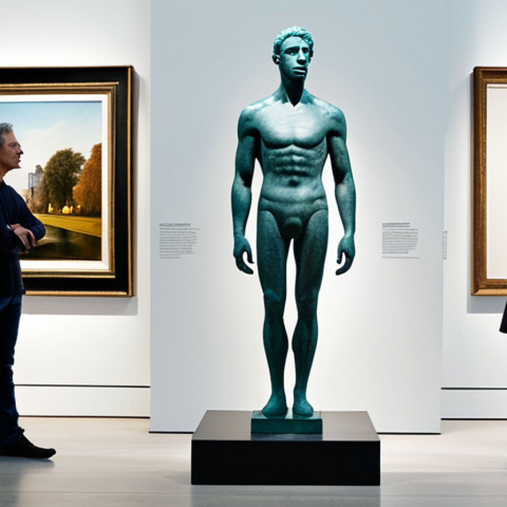 **
A museum curator, fully clothed in a modest but stylish business casual outfit, inspecting a newly acquired modern sculpture in a brightly lit gallery. Background includes other visitors and various artworks. Perfect anatomy, correct proportions, natural pose, professional photography, high quality, safe for work, appropriate content, professional, family-friendly.
**