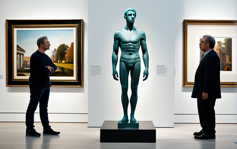 **
A museum curator, fully clothed in a modest but stylish business casual outfit, inspecting a newly acquired modern sculpture in a brightly lit gallery. Background includes other visitors and various artworks. Perfect anatomy, correct proportions, natural pose, professional photography, high quality, safe for work, appropriate content, professional, family-friendly.
**