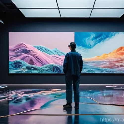 Home 27 예술경영과 인공지능 - **Prompt:** "A futuristic art studio where a human artist, dressed in comfortable yet chic overalls,...