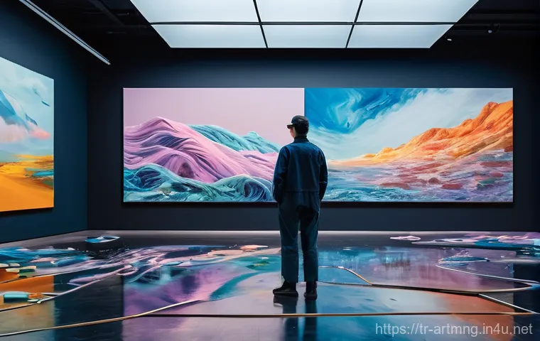 예술경영과 인공지능 - **Prompt:** "A futuristic art studio where a human artist, dressed in comfortable yet chic overalls,...