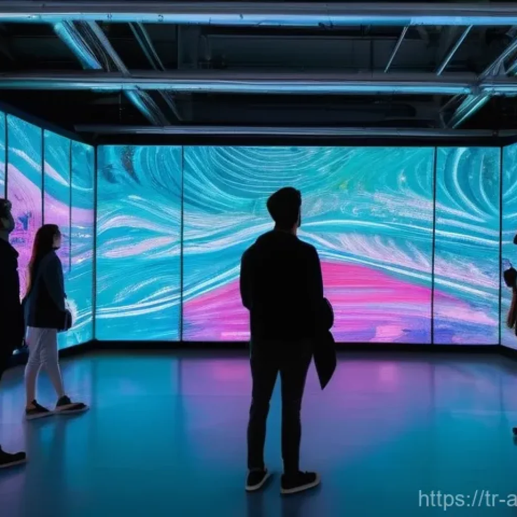 예술경영 연구 방법론 - **Prompt:** A vibrant, futuristic art exhibition space where holographic data visualizations seamles...