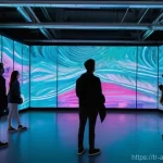 예술경영 연구 방법론 - **Prompt:** A vibrant, futuristic art exhibition space where holographic data visualizations seamles...