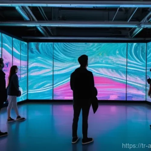Home 25 예술경영 연구 방법론 - **Prompt:** A vibrant, futuristic art exhibition space where holographic data visualizations seamles...