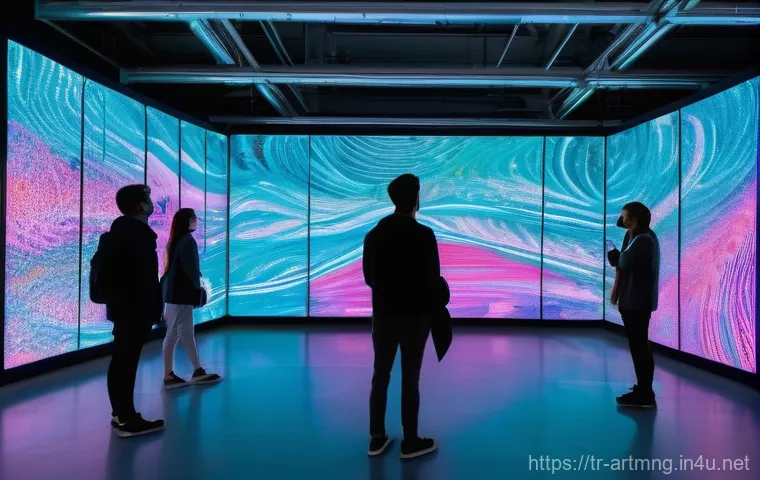 예술경영 연구 방법론 - **Prompt:** A vibrant, futuristic art exhibition space where holographic data visualizations seamles...